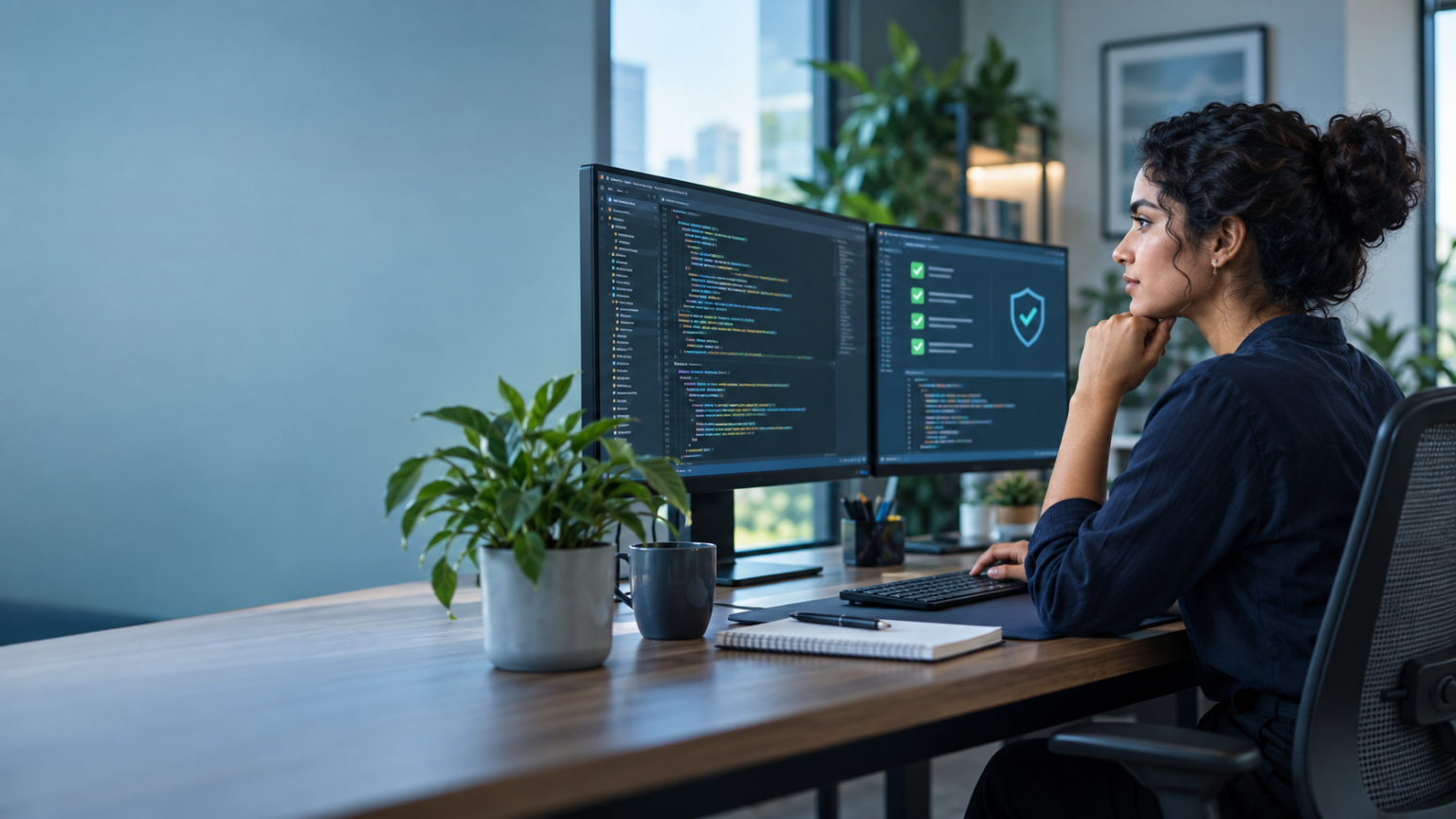Developer reviewing generative AI code output with security and quality checks