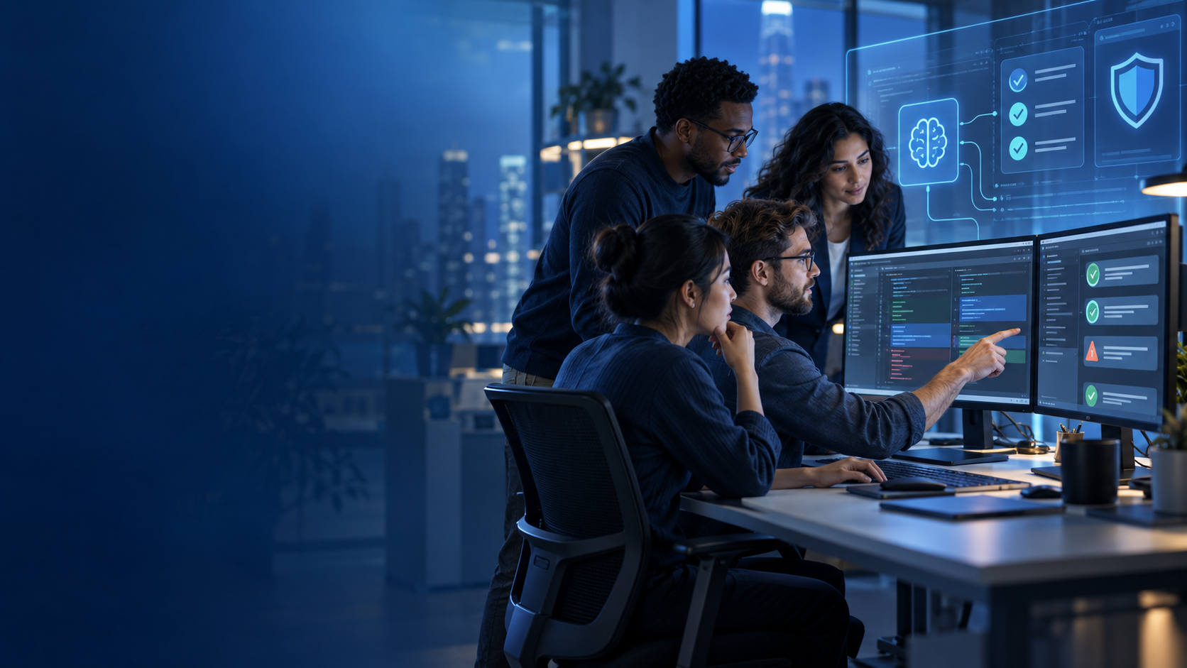 AI-assisted software development team reviewing code, testing, and security controls