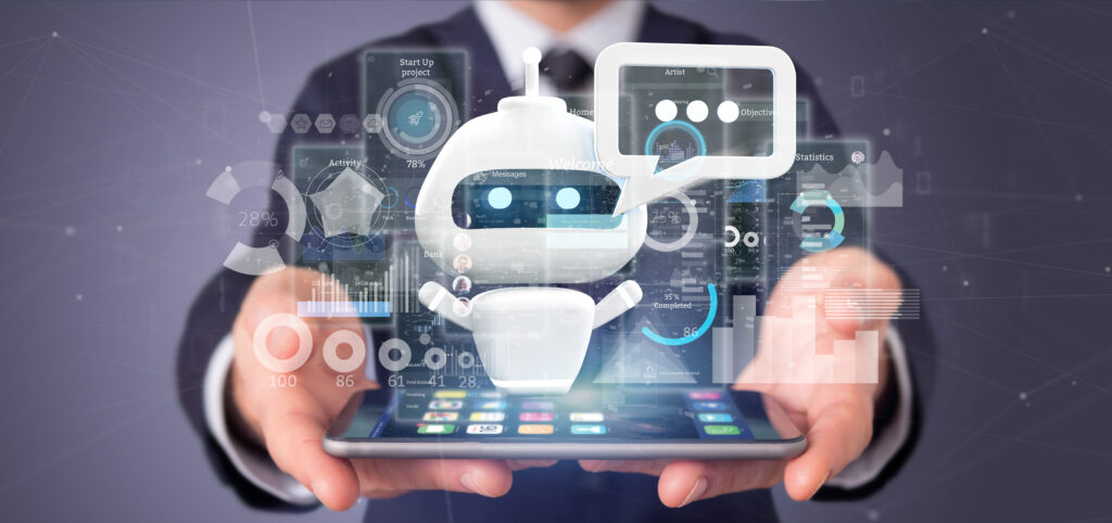 businessman holding chatbot with binary code message data