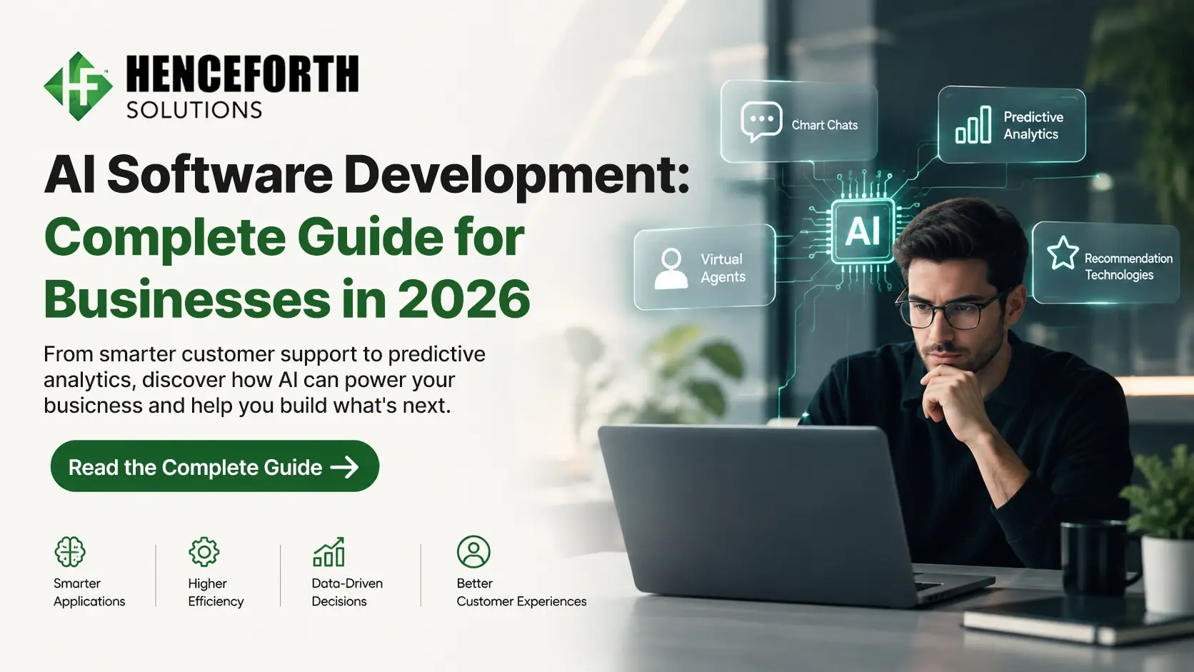 Professional using a laptop with AI graphics for predictive analytics, virtual agents and recommendation systems